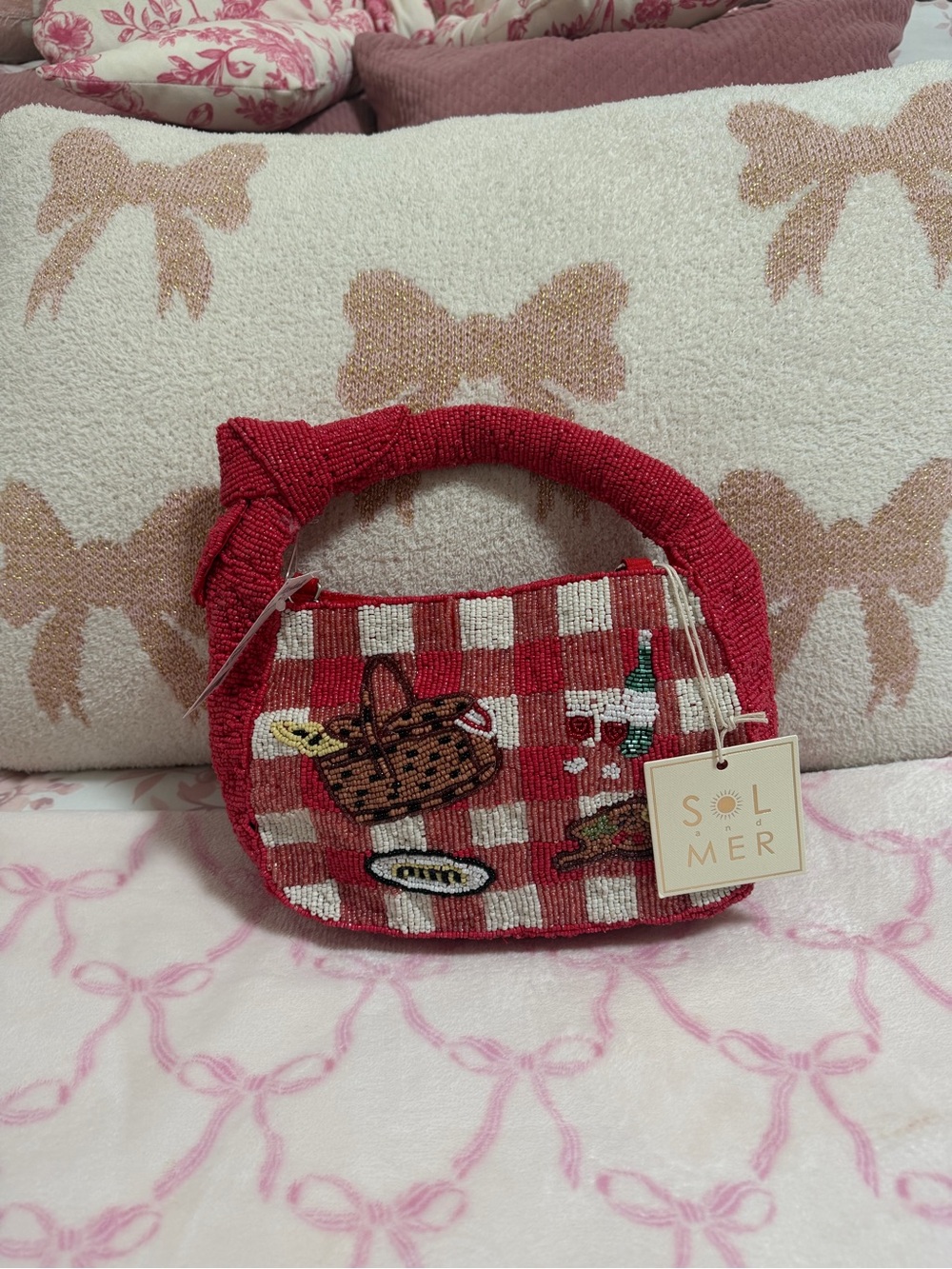 Sol & Mer Red Checkered Beaded Crossbody Bag